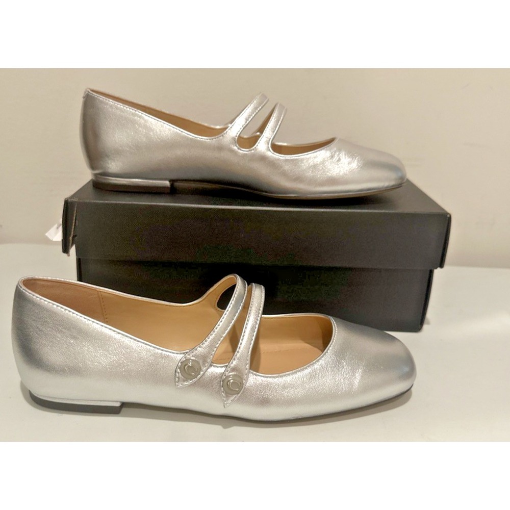 Coach Women Size 7 Winley Metallic Mary Jane Flat Shoes Double Strap Silver Lthr